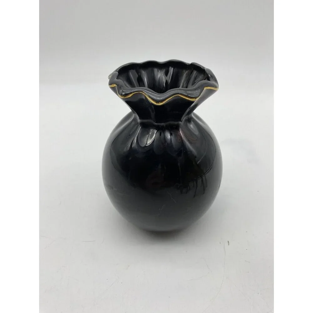Vintage Japanese Black Floral Ceramic Vase‎ Ruffled Rim Gold Trim Cottagecore